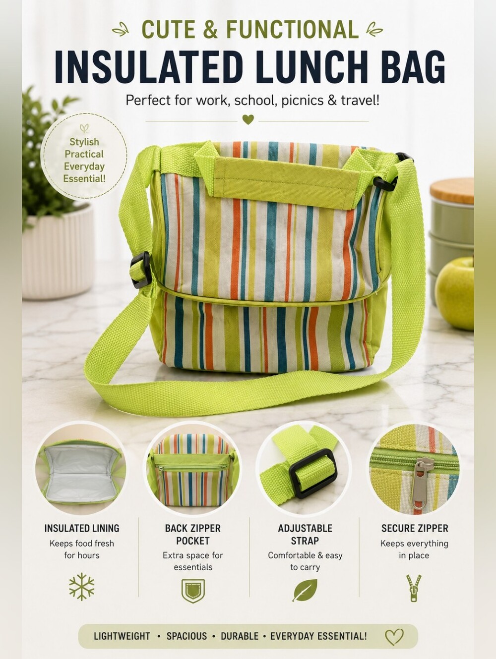 Striped Insulated Lunch Bag in Lime Green and Multicolor Stripes